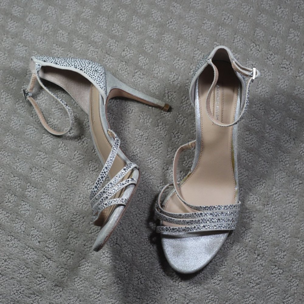 Antonio Melani Size 11M Silver Beaded Strappy w Ankle Strap 4" Heels